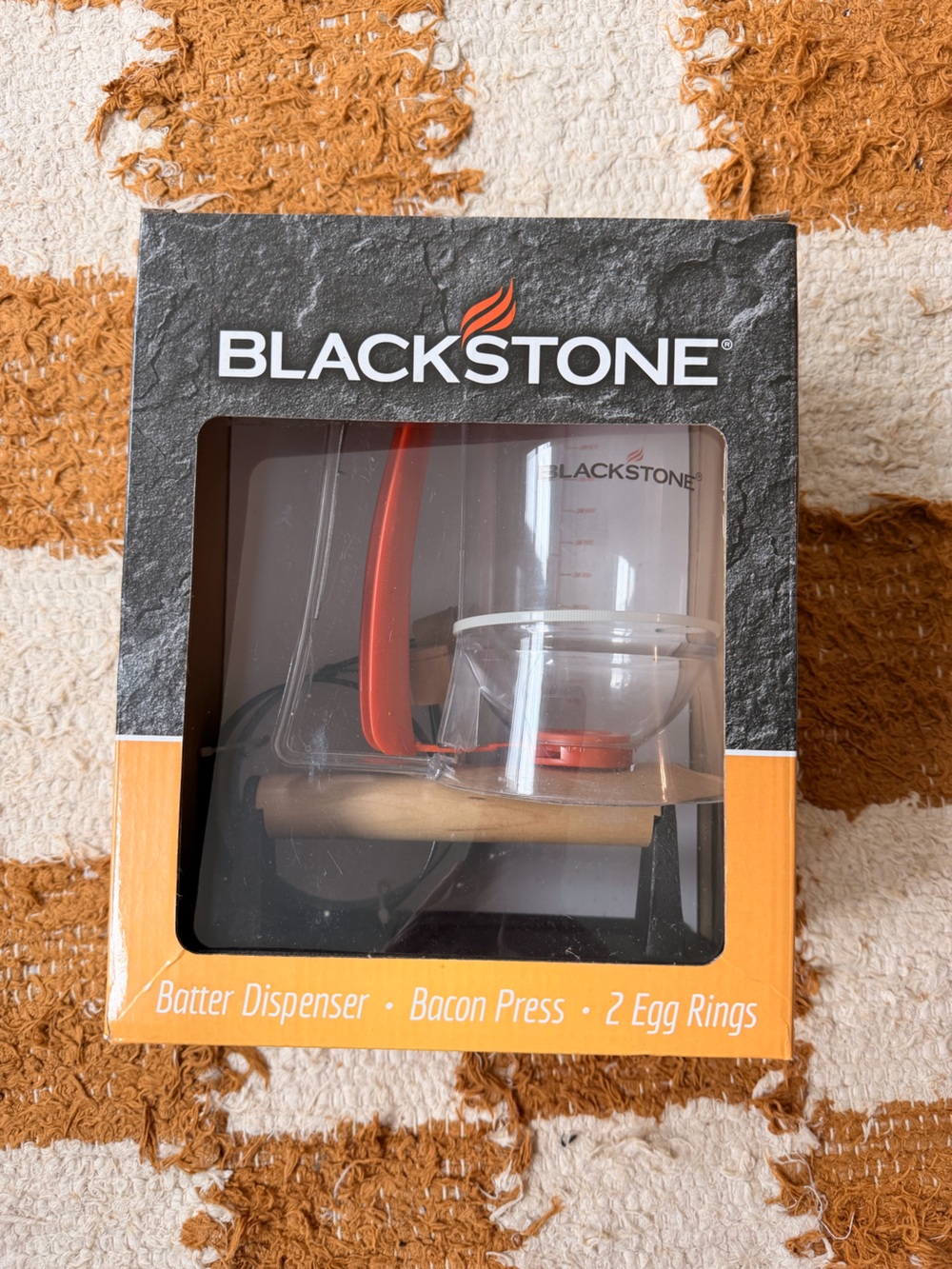 NIB Blackstone Batter Dispenser, Bacon Press & Egg Rings with Orange/Red Accents